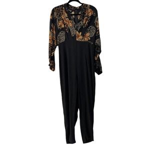 Vintage 80s Phoebe Womens S Brown Floral Black Legs Jumpsuit USA